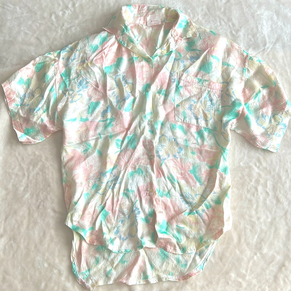 Vintage Floral Crinkle Satin Loose Fit Shirt Size Small